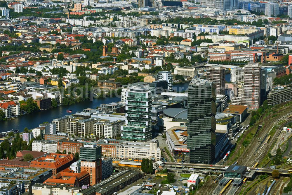 Berlin from above - High-rise building complex EDGE East Side - Amazon Tower on Tamara-Danz-Strasse - Warschauer Bruecke - Helene-Ernst-Strasse in the Friedrichshain district in Berlin, Germany