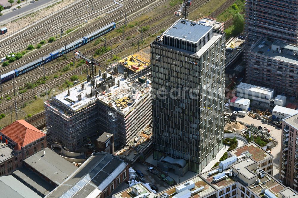 Berlin from above - High-rise building complex Hochhaus on Postbahnhof in the district Friedrichshain in Berlin, Germany