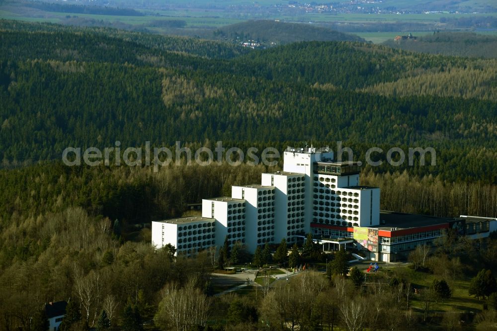 Friedrichroda from above - High-rise building of the hotel complex Ahorn Berghotel in Friedrichroda in the state Thuringia, Germany