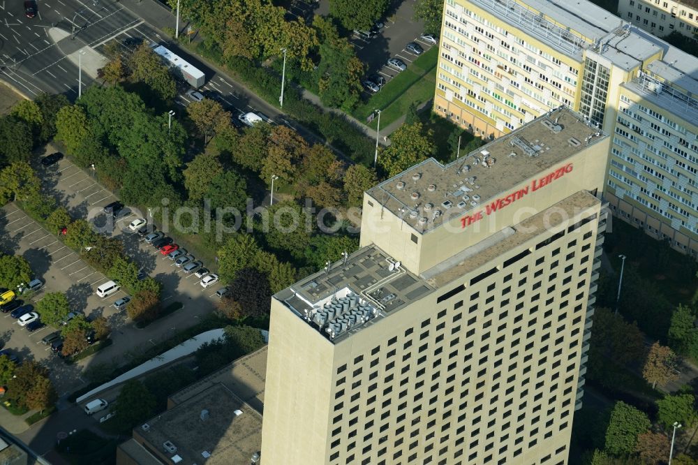 Aerial photograph Leipzig - Complex of the hotel building high-rise The Westin Leipzig on Gerberstrasse in Leipzig in the state of Saxony