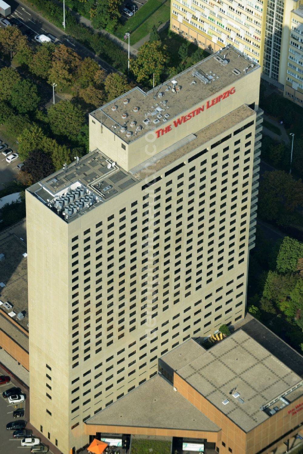 Leipzig from above - Complex of the hotel building high-rise The Westin Leipzig on Gerberstrasse in Leipzig in the state of Saxony