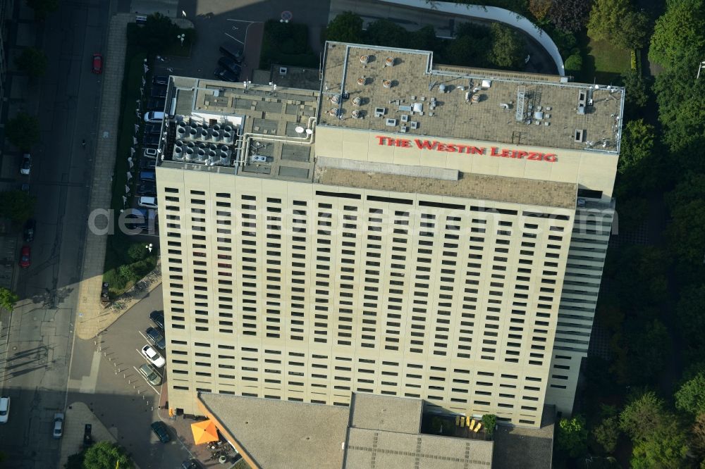 Leipzig from the bird's eye view: Complex of the hotel building high-rise The Westin Leipzig on Gerberstrasse in Leipzig in the state of Saxony