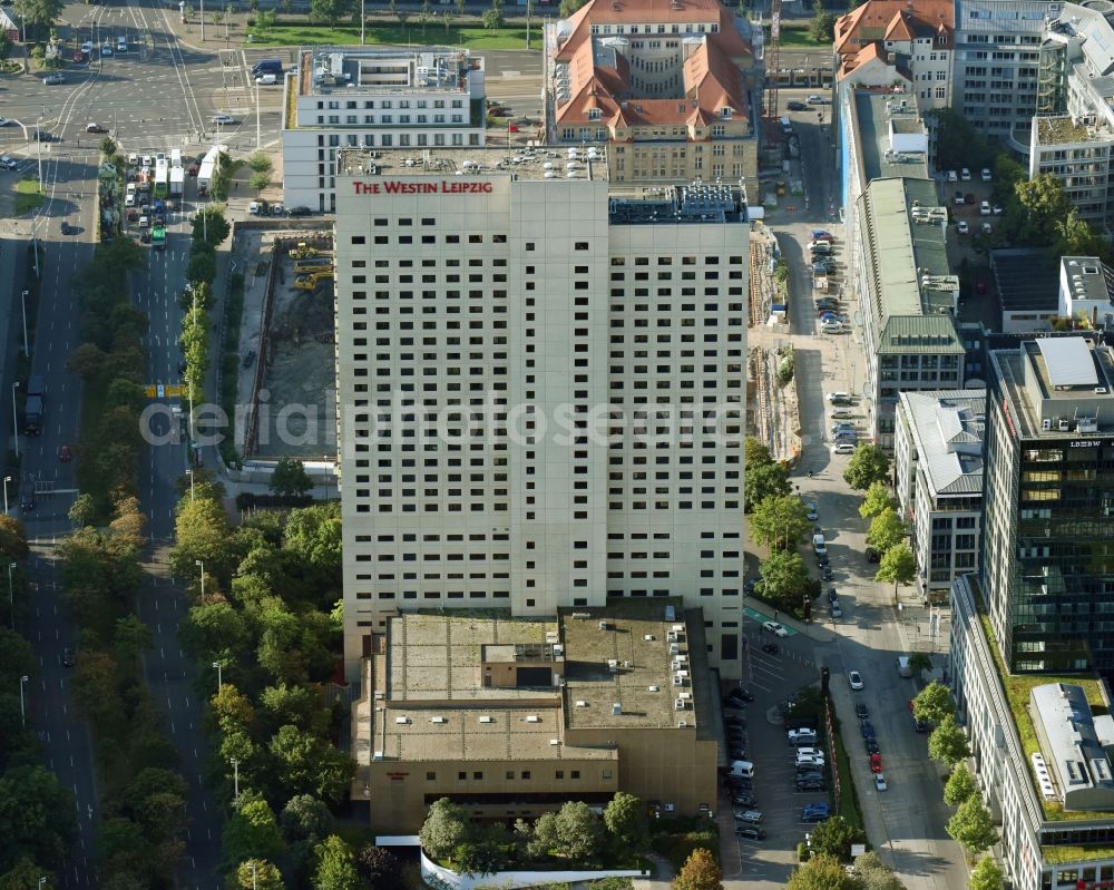 Aerial image Leipzig - Complex of the hotel building high-rise The Westin Leipzig on Gerberstrasse in Leipzig in the state of Saxony