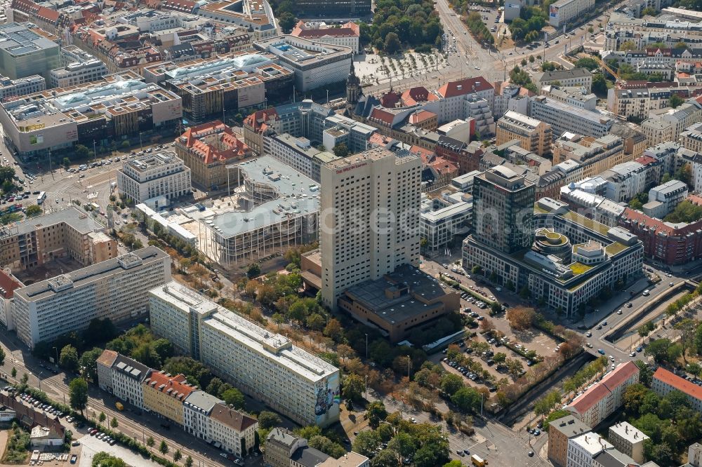 Leipzig from the bird's eye view: Complex of the hotel building high-rise The Westin Leipzig on Gerberstrasse in Leipzig in the state of Saxony