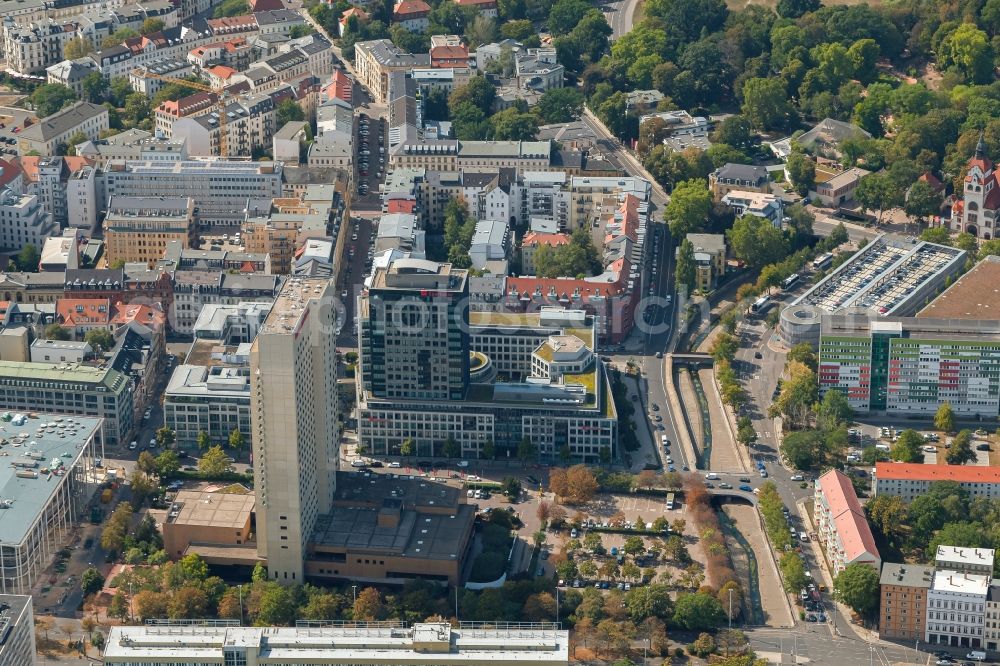 Aerial photograph Leipzig - Complex of the hotel building high-rise The Westin Leipzig on Gerberstrasse in Leipzig in the state of Saxony