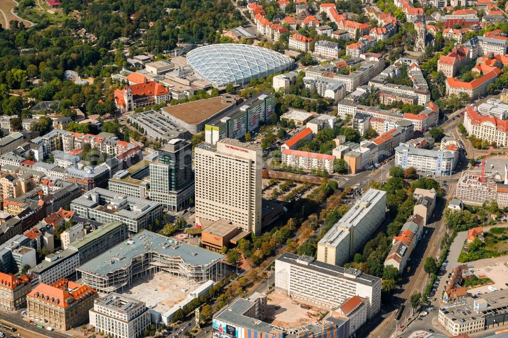 Leipzig from the bird's eye view: Complex of the hotel building high-rise The Westin Leipzig on Gerberstrasse in Leipzig in the state of Saxony