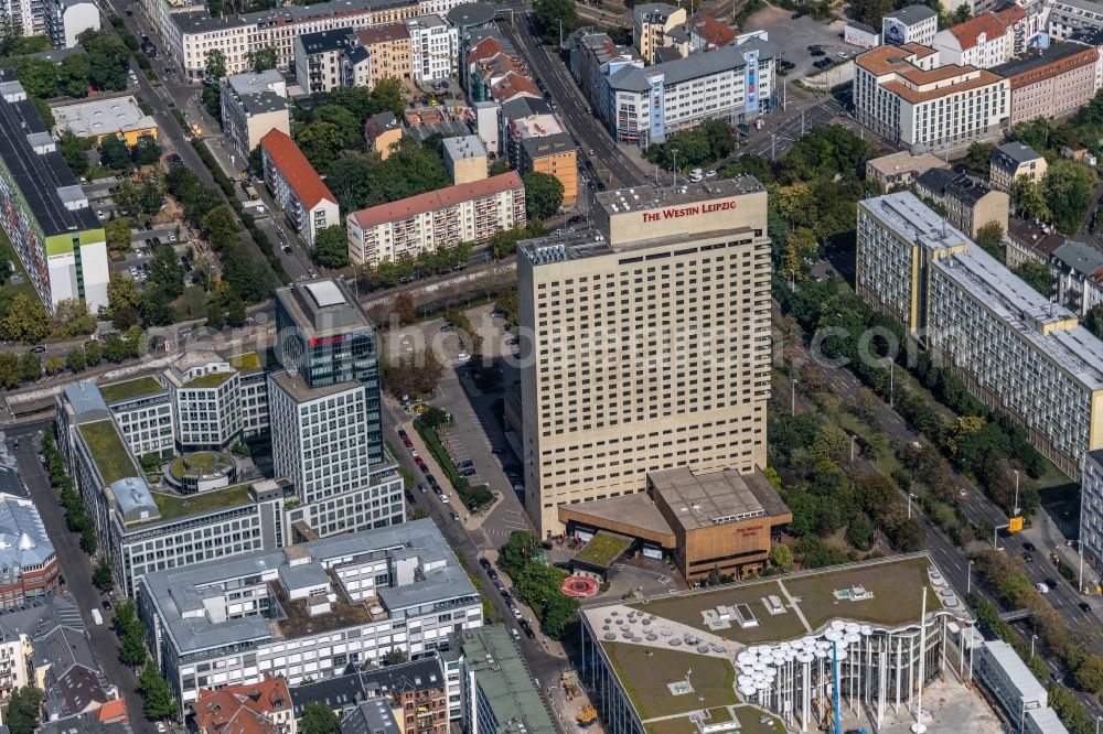 Leipzig from above - Complex of the hotel building high-rise The Westin Leipzig on Gerberstrasse in Leipzig in the state of Saxony