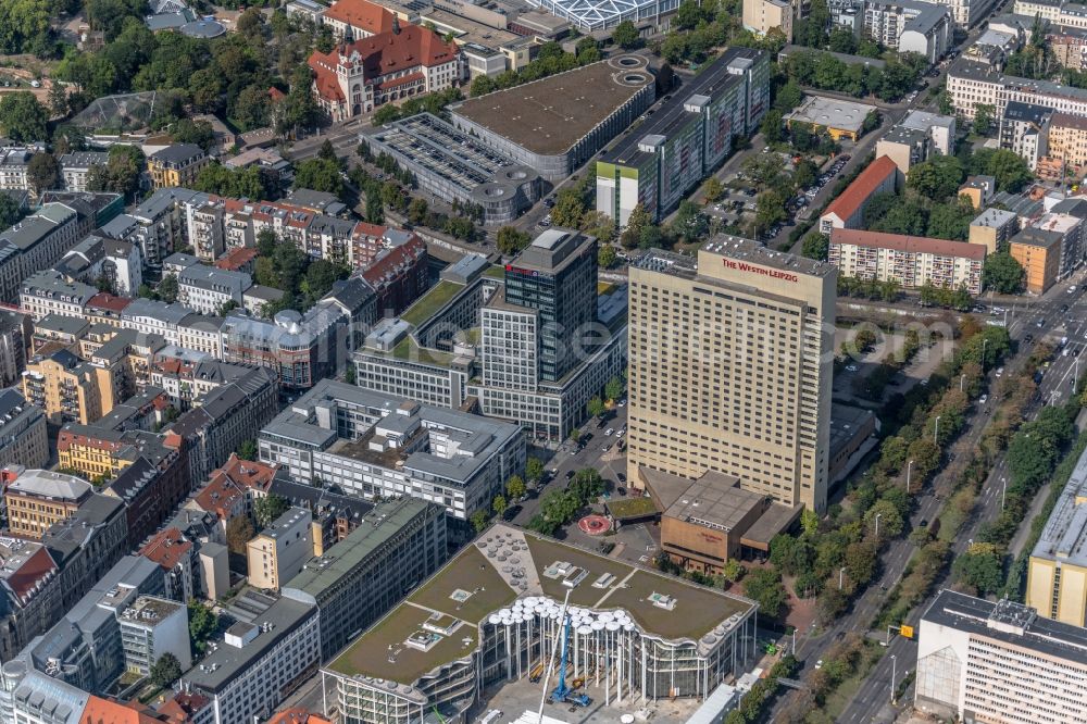 Leipzig from the bird's eye view: Complex of the hotel building high-rise The Westin Leipzig on Gerberstrasse in Leipzig in the state of Saxony