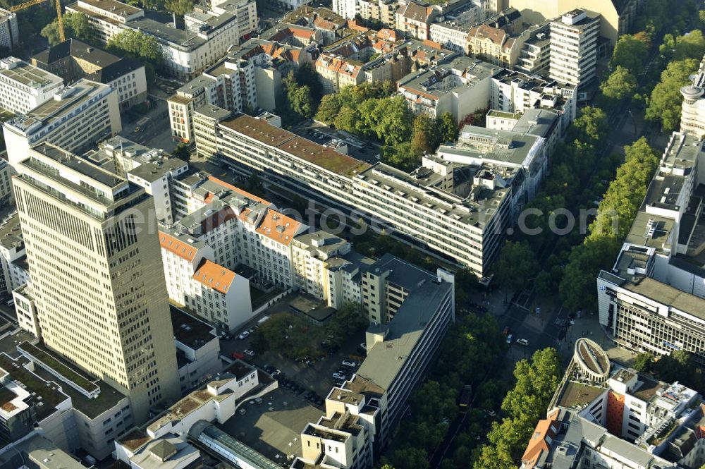 Berlin - Charlottenburg from the bird's eye view: Blick auf das Hochhaus am Kudamm Carrée in Berlin- Charlottenburg. Das Hochhaus ist nach der Vollsanierung 1995 eines der modernsten Bürogebäude in Berlin. View of the skyscraper at the Kurfürstendamm Carrée in Berlin-Charlottenburg . The high-rise after the full restoration in 1995 is one of the most modern office building in Berlin.