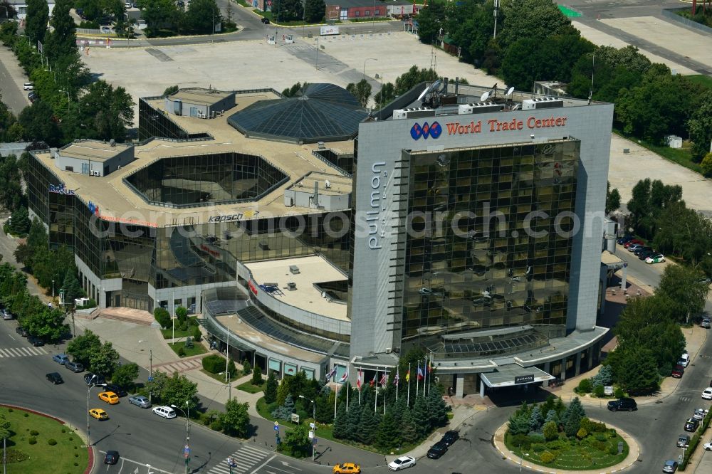 Aerial photograph Bukarest - High-rise building of the Hotel Pullman Bucharest with the World Trade Center office complex at the Montreal square in Bucharest, Romania