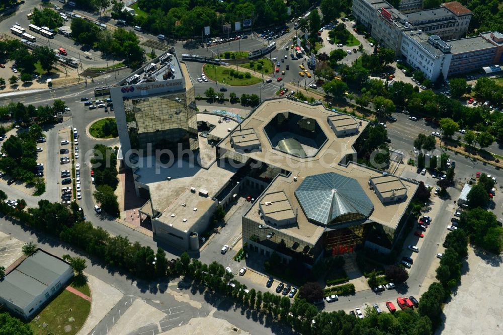 Bukarest from above - High-rise building of the Hotel Pullman Bucharest with the World Trade Center office complex at the Montreal square in Bucharest, Romania