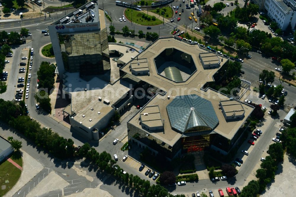 Aerial image Bukarest - High-rise building of the Hotel Pullman Bucharest with the World Trade Center office complex at the Montreal square in Bucharest, Romania