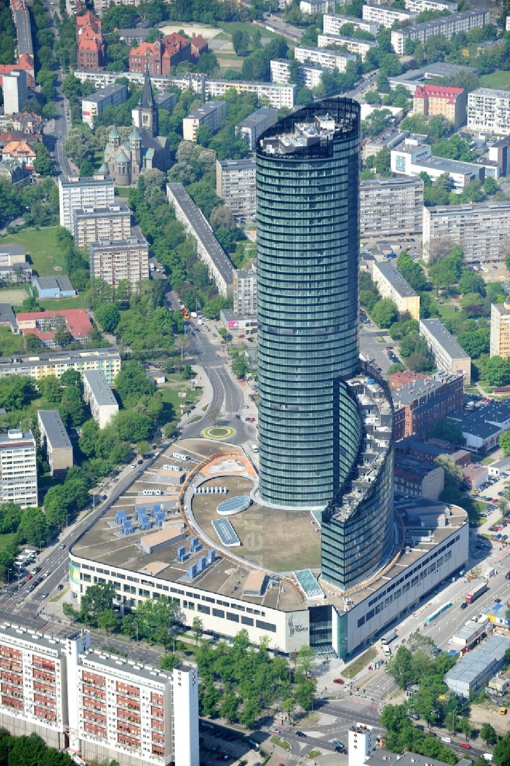 Wroclaw / Breslau from above - The newly constructed high-rise sky tower in Wroclaw / Breslau. The modern residential and commercial building is 260 meters, the tallest building in Poland. Architect is Dariusz Dziubi?ski Studio Archiektoniczne FOLD s.c
