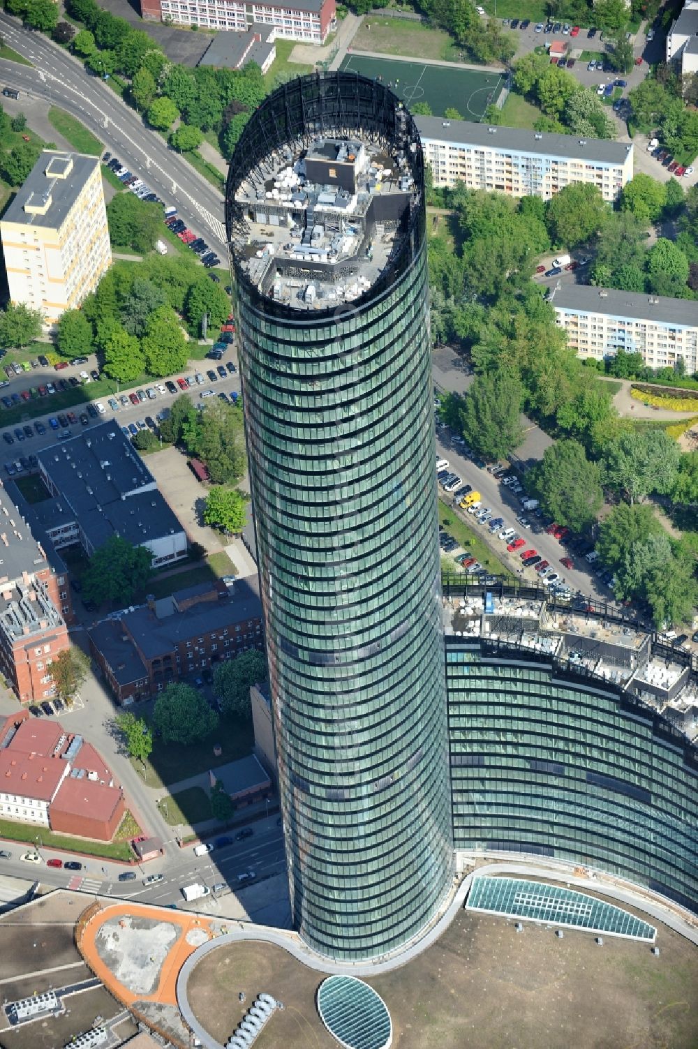 Wroclaw / Breslau from above - The newly constructed high-rise sky tower in Wroclaw / Breslau. The modern residential and commercial building is 260 meters, the tallest building in Poland. Architect is Dariusz Dziubi?ski Studio Archiektoniczne FOLD s.c