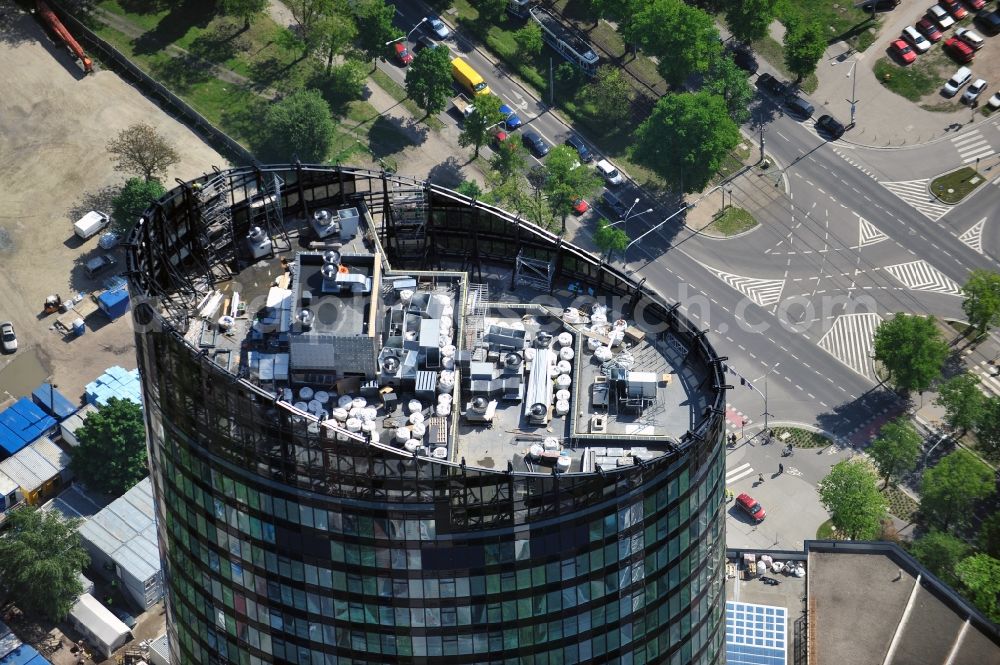 Wroclaw / Breslau from the bird's eye view: The newly constructed high-rise sky tower in Wroclaw / Breslau. The modern residential and commercial building is 260 meters, the tallest building in Poland. Architect is Dariusz Dziubi?ski Studio Archiektoniczne FOLD s.c