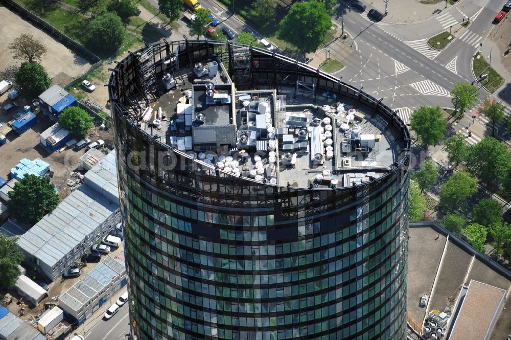 Aerial image Wroclaw / Breslau - The newly constructed high-rise sky tower in Wroclaw / Breslau. The modern residential and commercial building is 260 meters, the tallest building in Poland. Architect is Dariusz Dziubi?ski Studio Archiektoniczne FOLD s.c