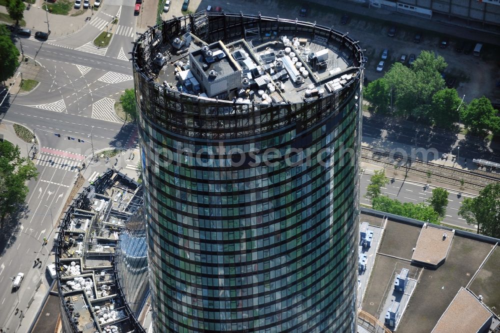 Aerial photograph Wroclaw / Breslau - The newly constructed high-rise sky tower in Wroclaw / Breslau. The modern residential and commercial building is 260 meters, the tallest building in Poland. Architect is Dariusz Dziubi?ski Studio Archiektoniczne FOLD s.c