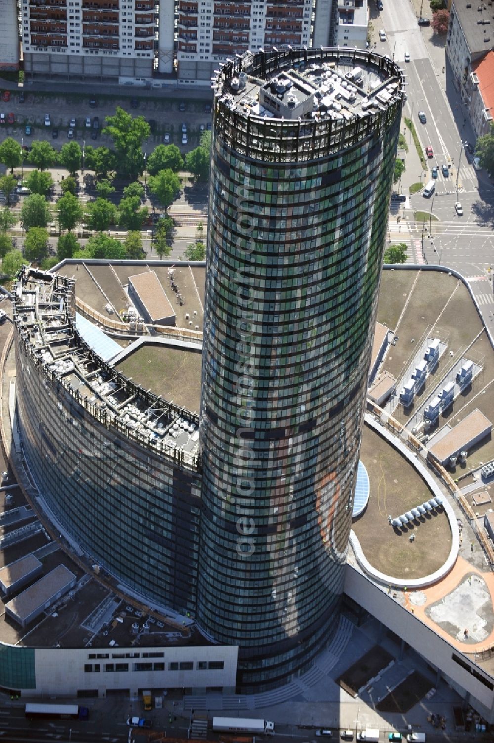 Wroclaw / Breslau from above - The newly constructed high-rise sky tower in Wroclaw / Breslau. The modern residential and commercial building is 260 meters, the tallest building in Poland. Architect is Dariusz Dziubi?ski Studio Archiektoniczne FOLD s.c