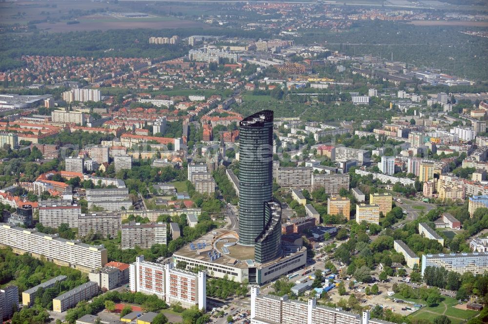 Aerial image Wroclaw / Breslau - The newly constructed high-rise sky tower in Wroclaw / Breslau. The modern residential and commercial building is 260 meters, the tallest building in Poland. Architect is Dariusz Dziubi?ski Studio Archiektoniczne FOLD s.c