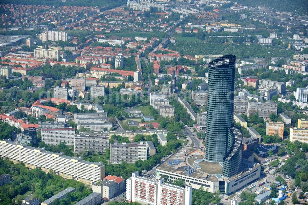 Aerial photograph Wroclaw / Breslau - The newly constructed high-rise sky tower in Wroclaw / Breslau. The modern residential and commercial building is 260 meters, the tallest building in Poland. Architect is Dariusz Dziubi?ski Studio Archiektoniczne FOLD s.c