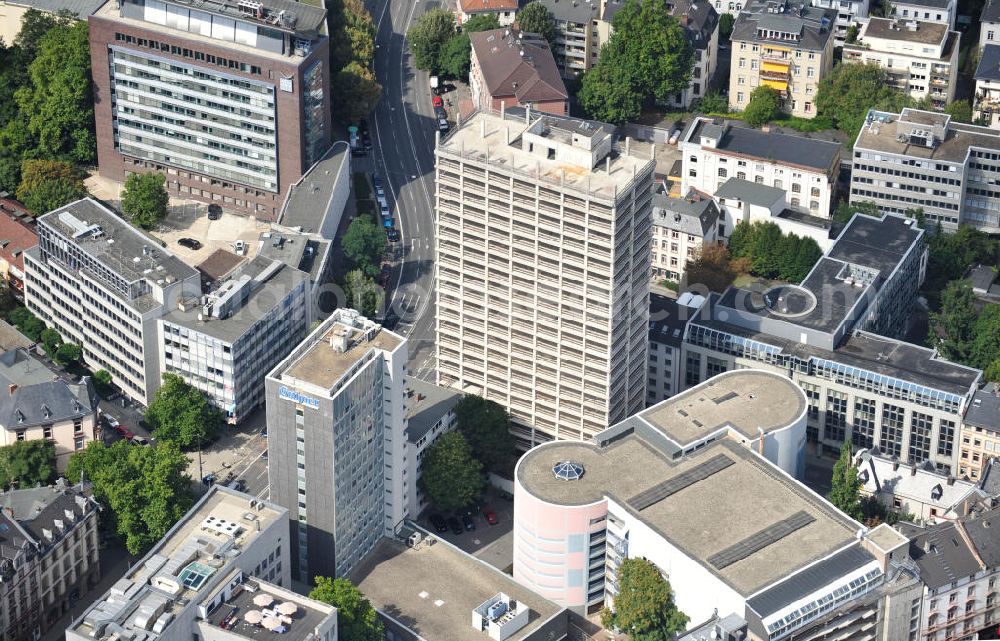 Frankfurt am Main from the bird's eye view: The Turmcenter was biult in 1971 und used untill 2005. The car park belongs to the biulding complex