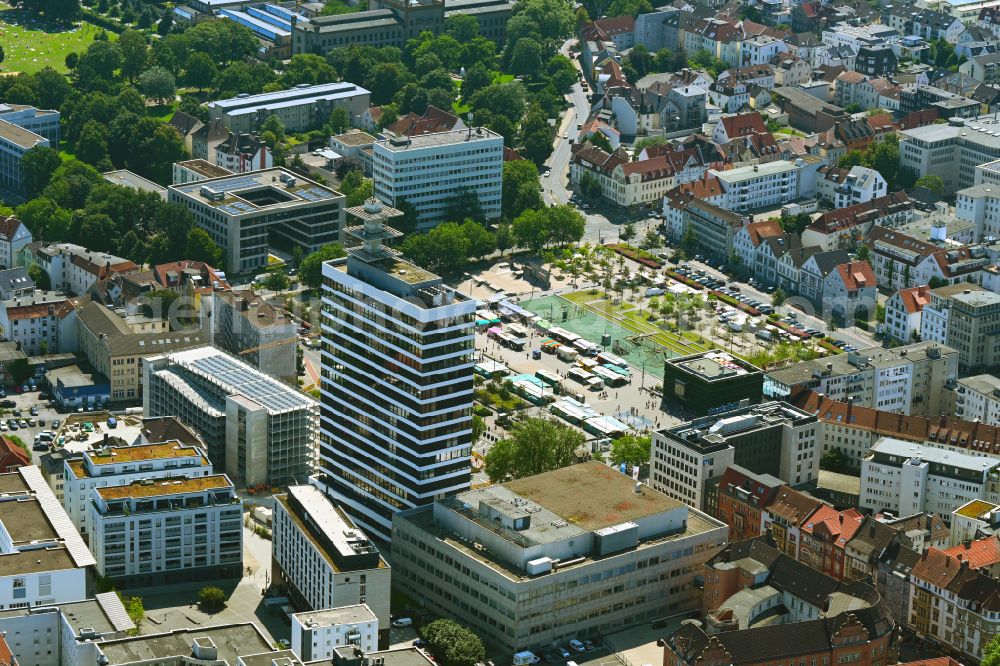 Bielefeld from above - Construction site for the conversion of the office building and commercial building high-rise complex H 1 (formerly: Telekom high-rise and telecommunications high-rise) at Kesselbrink - Philipp-Reis-Platz in the Mitte district of Bielefeld in the federal state of North Rhine-Westphalia, Germany