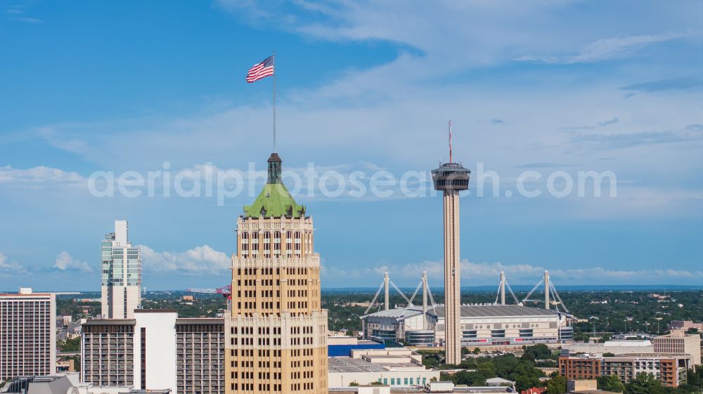 San Antonio from above - Office buildings and commercial high-rise complex Tower Life Building on street South Saint Mary's Street in San Antonio in Texas, United States of America