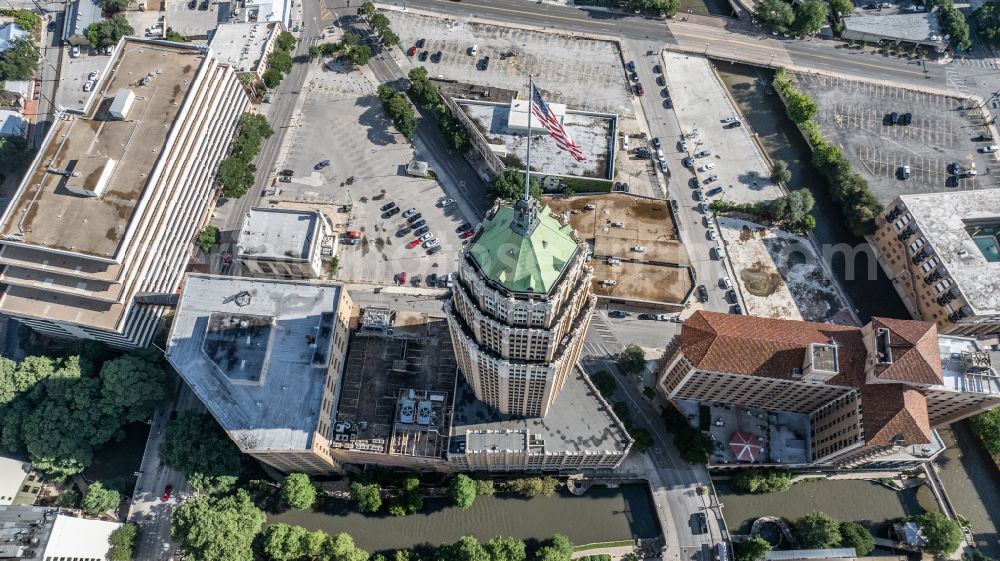 San Antonio from above - Office buildings and commercial high-rise complex Tower Life Building on street South Saint Mary's Street in San Antonio in Texas, United States of America