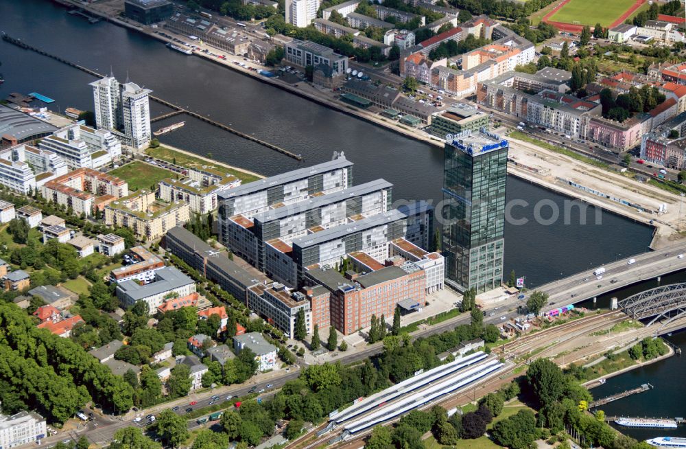 Berlin from above - Office buildings and commercial high-rise complex Treptower on street An den Treptowers in the district Treptow in Berlin, Germany