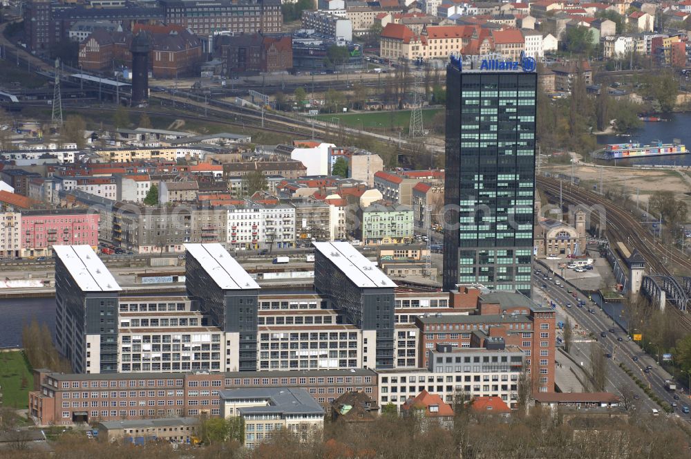 Berlin from above - Office buildings and commercial high-rise complex Treptower on street An den Treptowers in the district Treptow in Berlin, Germany