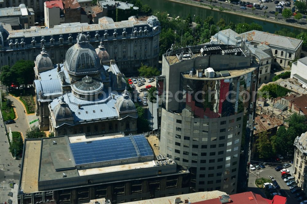 Aerial photograph Bukarest - High-rise building of the Bucharest Financial Plaza on Calea Victoriei in the city center of the capital city of Bucharest in Romania. The complex is home to the Bancorex - Bank