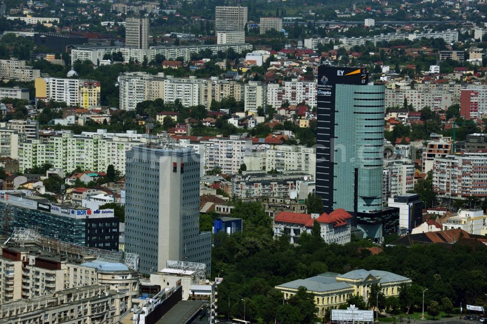 Bukarest from the bird's eye view: High-rise building of Bucharest Tower Center BTC Avrig 35 Group in the city center of the capital Bucharest in Romania. The accounting firm Ernst & Young EY here has your country seat