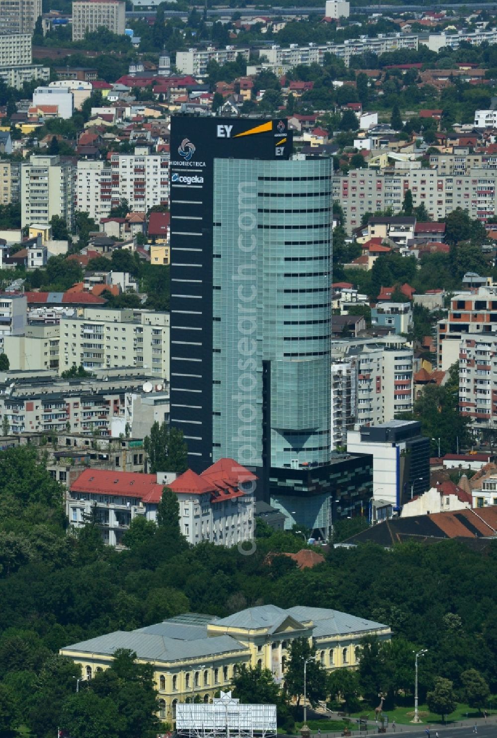 Aerial image Bukarest - High-rise building of Bucharest Tower Center BTC Avrig 35 Group in the city center of the capital Bucharest in Romania. The accounting firm Ernst & Young EY here has your country seat