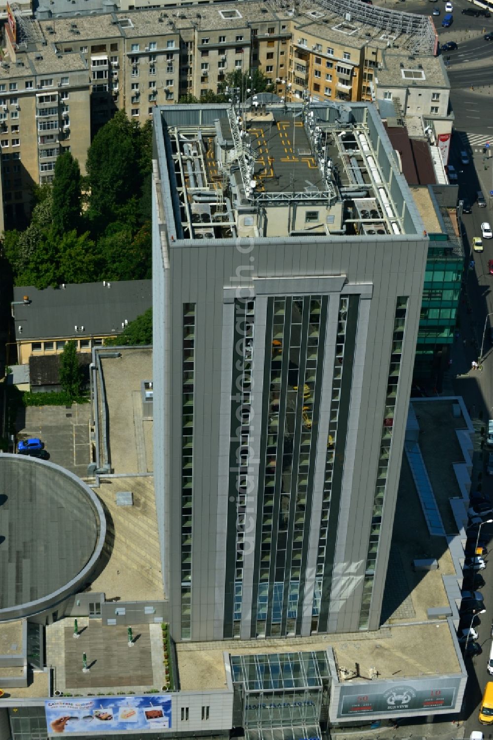 Aerial image Bukarest - High-rise building of the Hotel Howard Johnson Grand Plaza in Calea Dorobantilor in the city center of the capital, Bucharest, Romania