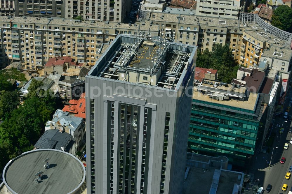 Bukarest from above - High-rise building of the Hotel Howard Johnson Grand Plaza in Calea Dorobantilor in the city center of the capital, Bucharest, Romania