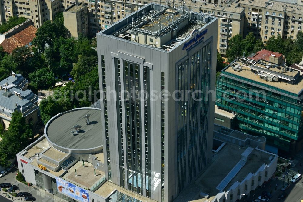 Bukarest from the bird's eye view: High-rise building of the Hotel Howard Johnson Grand Plaza in Calea Dorobantilor in the city center of the capital, Bucharest, Romania