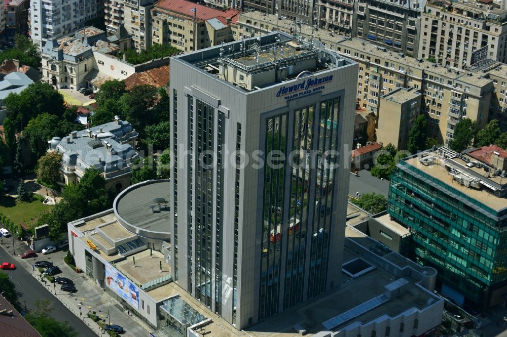 Aerial image Bukarest - High-rise building of the Hotel Howard Johnson Grand Plaza in Calea Dorobantilor in the city center of the capital, Bucharest, Romania