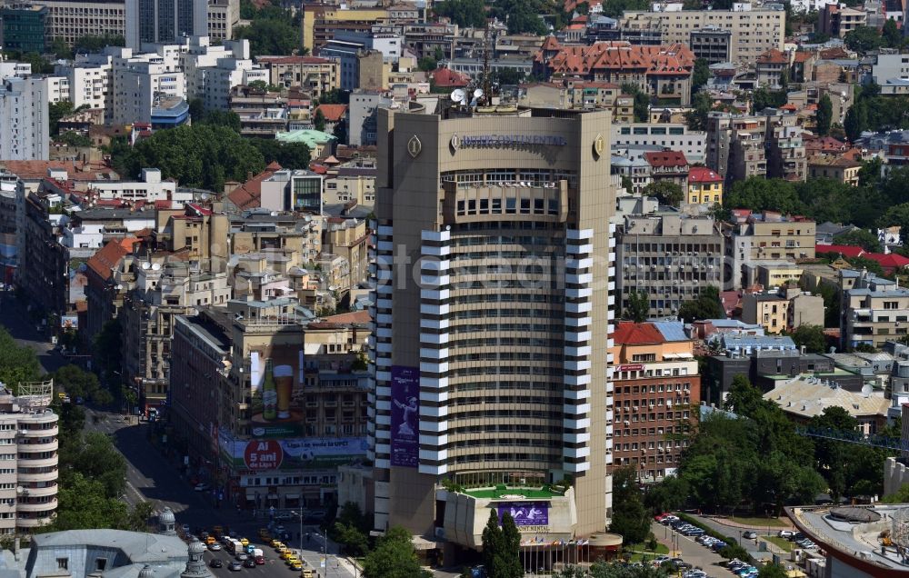 Bukarest from the bird's eye view: High-rise building of the Intercontinental Hotel on Bulevardul Nicolae Balcescu in the city center of the capital, Bucharest, Romania