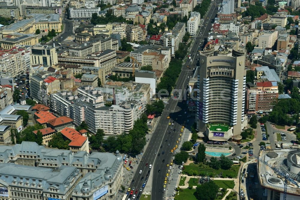 Bukarest from above - High-rise building of the Intercontinental Hotel on Bulevardul Nicolae Balcescu in the city center of the capital, Bucharest, Romania