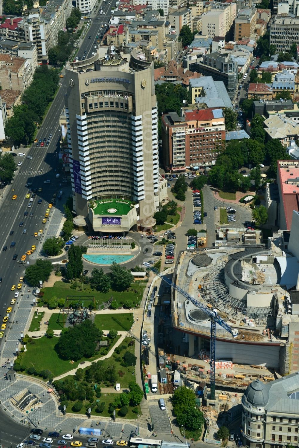 Bukarest from the bird's eye view: High-rise building of the Intercontinental Hotel on Bulevardul Nicolae Balcescu in the city center of the capital, Bucharest, Romania