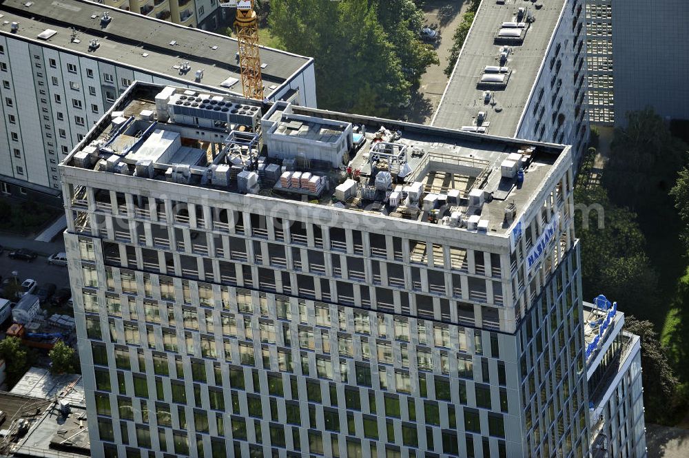 Berlin from the bird's eye view: Blick auf die Hochhaus- Baustelle Mollstraße 31 Ecke Otto-Braun-Straße für das neue Wohn- und Geschäftshaus Königstadt- Carree . Rechts daneben entsteht das neue ETAP Hotel. View of the high-rise construction on the corner of Otto-Braun-Strasse for the new residential and commercial building. To the right stands the new ETAP hotel.