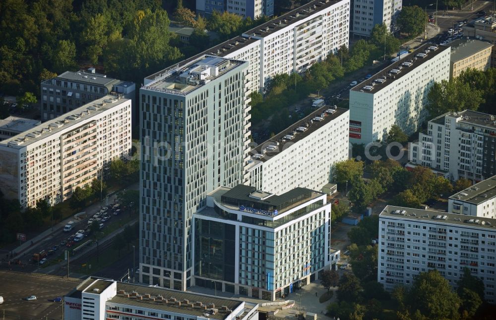 Aerial image Berlin Mitte - View of the high-rise construction on the corner of Otto-Braun-Strasse for the new residential and commercial building. To the right stands the new ETAP hotel