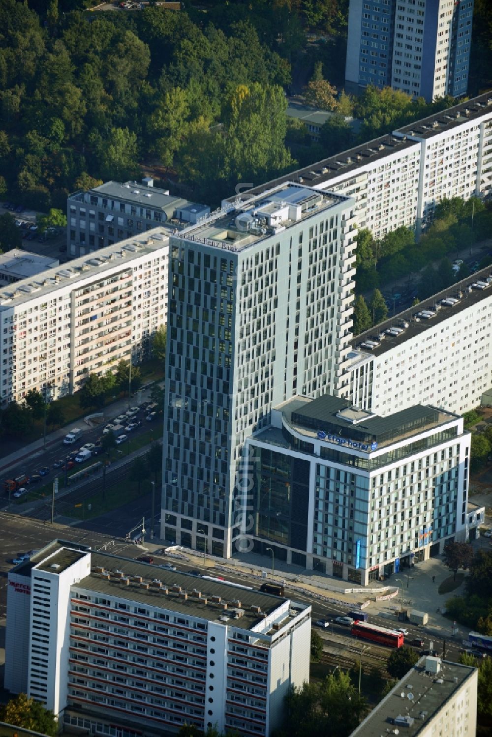 Aerial photograph Berlin Mitte - View of the high-rise construction on the corner of Otto-Braun-Strasse for the new residential and commercial building. To the right stands the new ETAP hotel