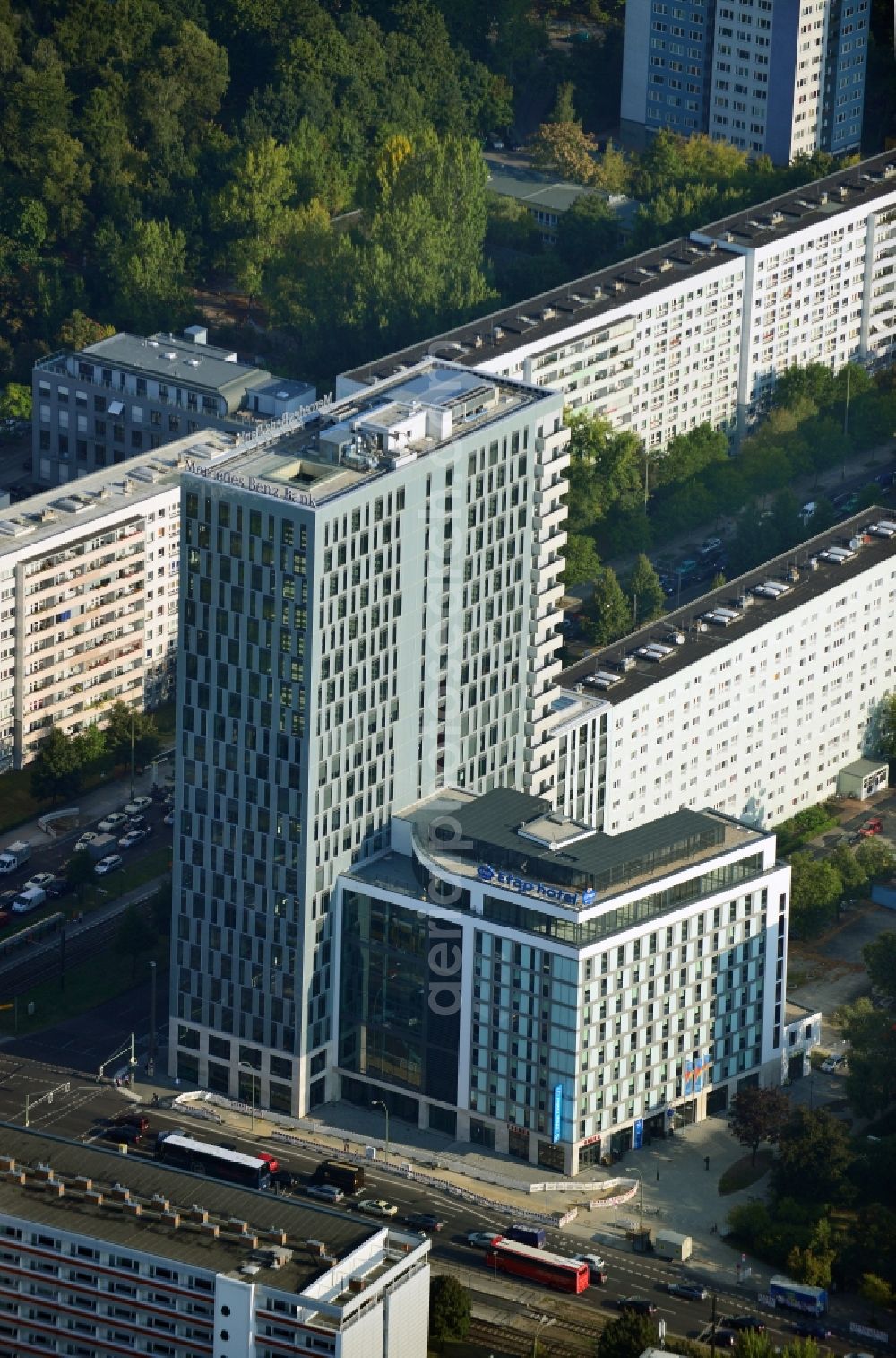 Berlin Mitte from above - View of the high-rise construction on the corner of Otto-Braun-Strasse for the new residential and commercial building. To the right stands the new ETAP hotel