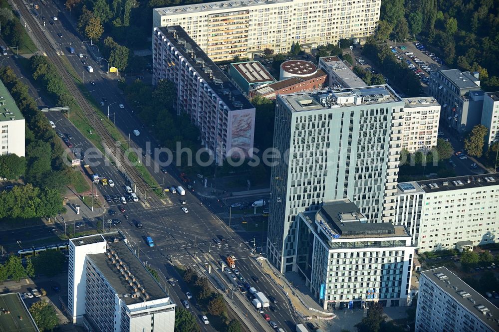 Aerial image Berlin Mitte - View of the high-rise construction on the corner of Otto-Braun-Strasse for the new residential and commercial building. To the right stands the new ETAP hotel