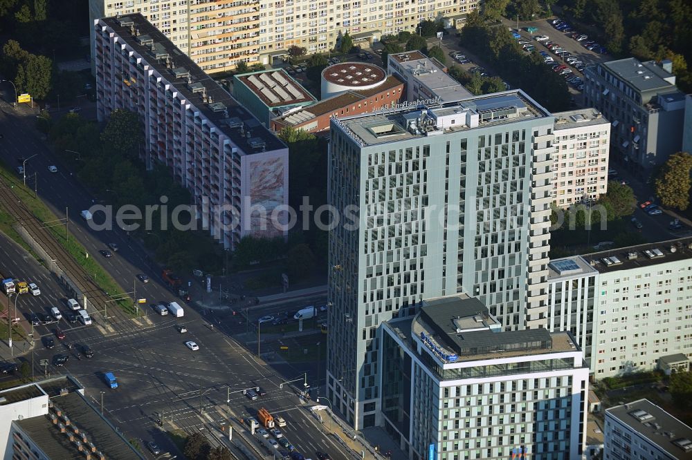 Aerial photograph Berlin Mitte - View of the high-rise construction on the corner of Otto-Braun-Strasse for the new residential and commercial building. To the right stands the new ETAP hotel