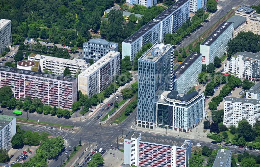 Aerial photograph Berlin Mitte - View of the high-rise construction on the corner of Otto-Braun-Strasse for the new residential and commercial building. To the right stands the new ETAP hotel