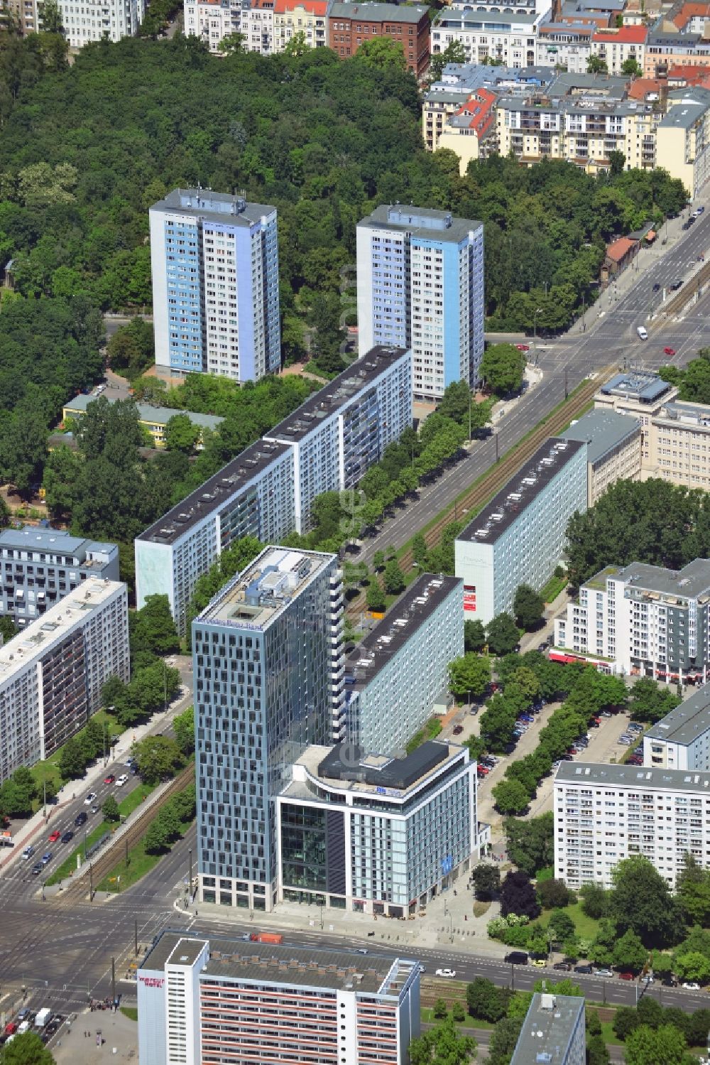 Berlin Mitte from above - View of the high-rise construction on the corner of Otto-Braun-Strasse for the new residential and commercial building. To the right stands the new ETAP hotel