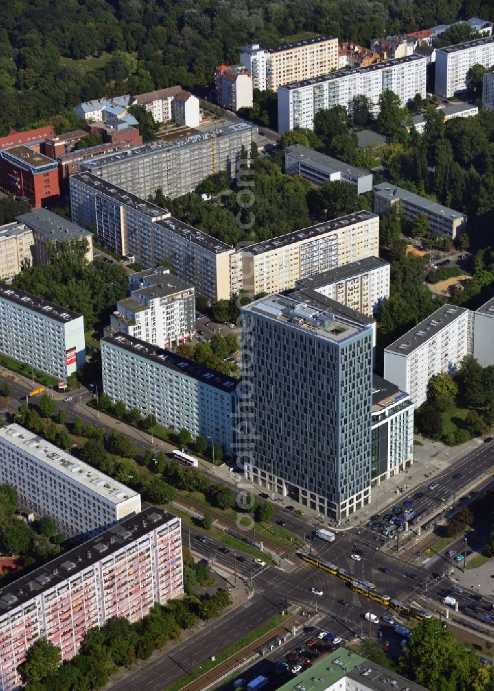 Aerial image Berlin Mitte - View of the high-rise construction on the corner of Otto-Braun-Strasse for the new residential and commercial building. To the right stands the new ETAP hotel