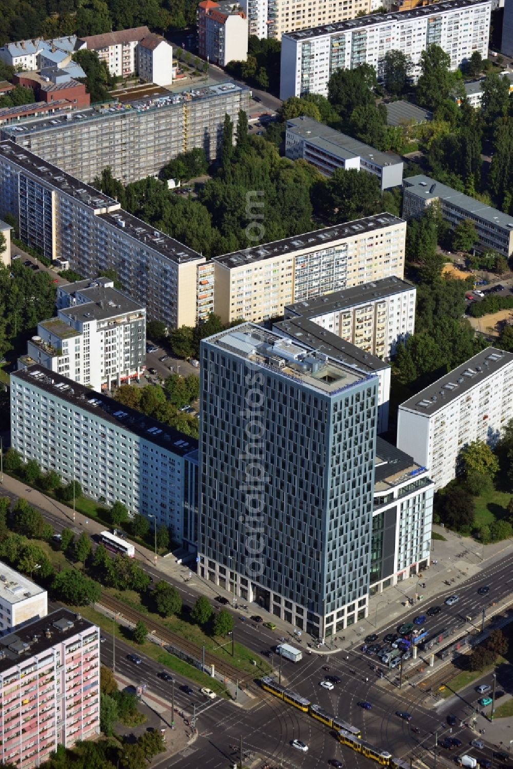 Aerial photograph Berlin Mitte - View of the high-rise construction on the corner of Otto-Braun-Strasse for the new residential and commercial building. To the right stands the new ETAP hotel